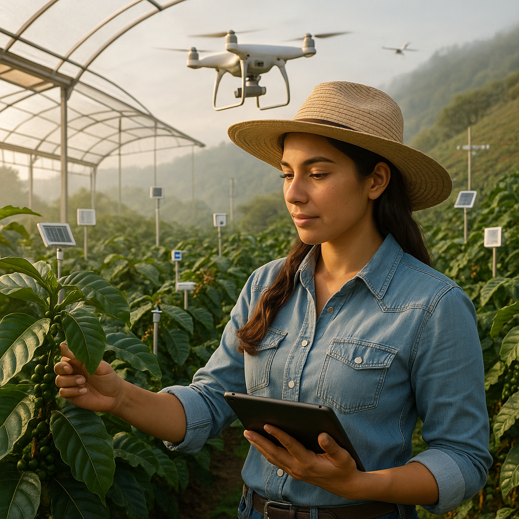 Mujer en campo de cultivo de café con drone
